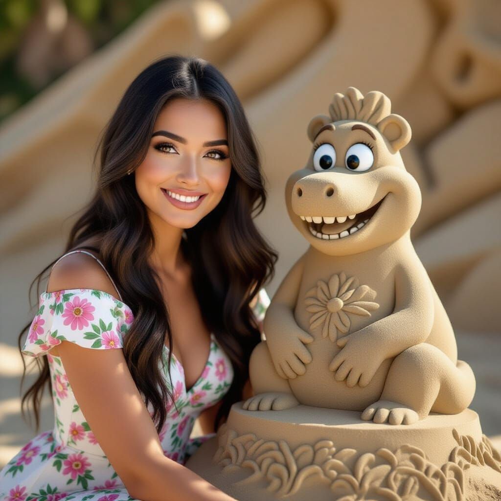 Woman Poses With Cartoon Sand Sculpture