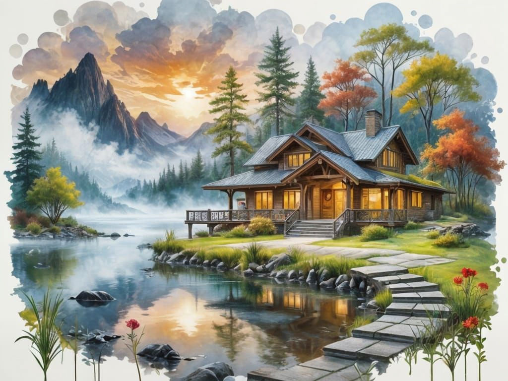 Ethereal Lakeside Cottage in Watercolor Style
