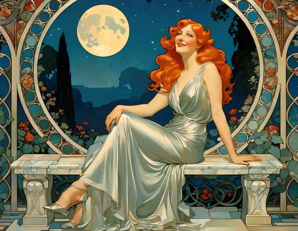 Glamorous Red-Haired Woman in Moonlit Art Deco Garden