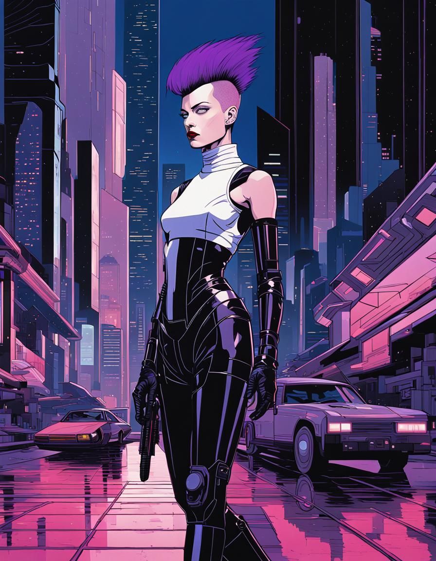 Cyborg Punk Girl in Cyberpunk City, Digital Art