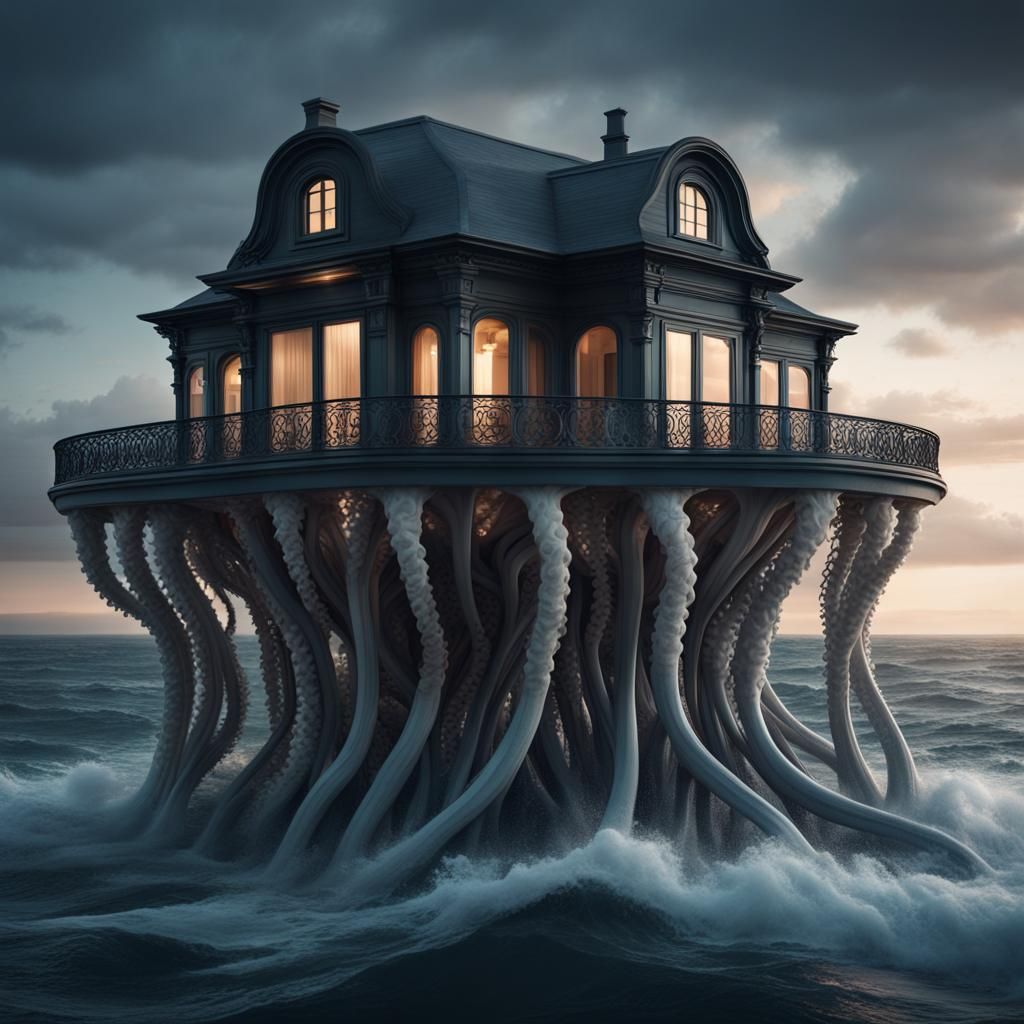 Surreal Tentacle House on the Ocean: Cinematic 8K