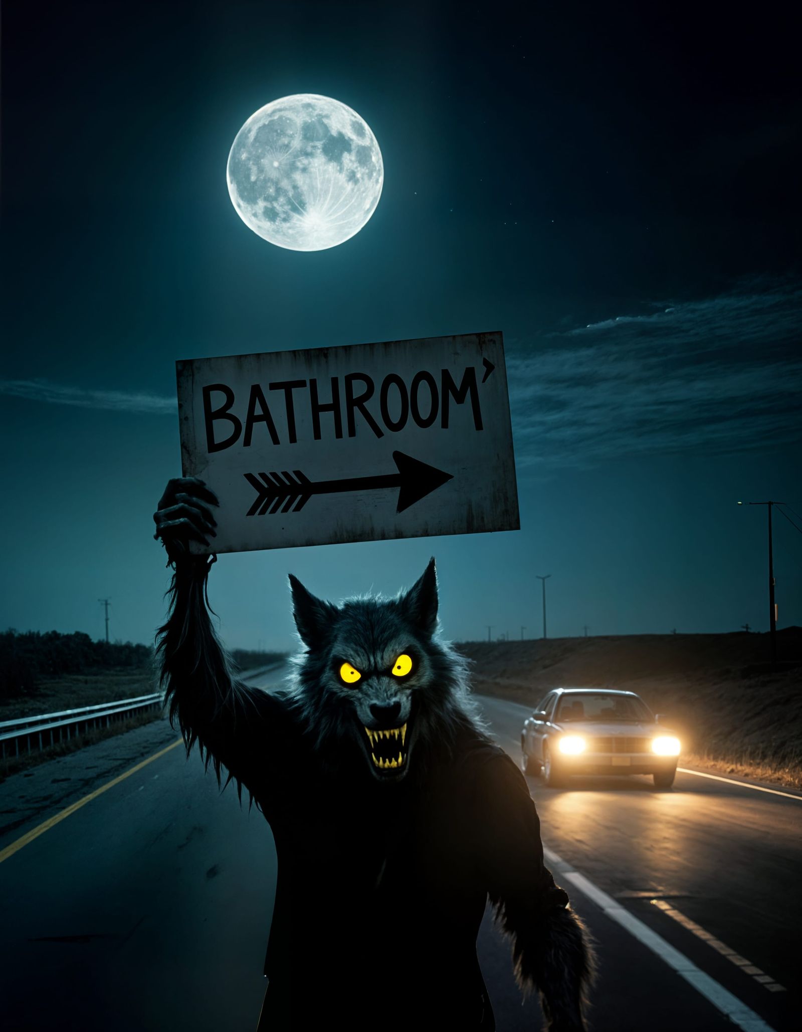 Werewolf on Highway Holds 'Bathroom' Sign Under Full Moon