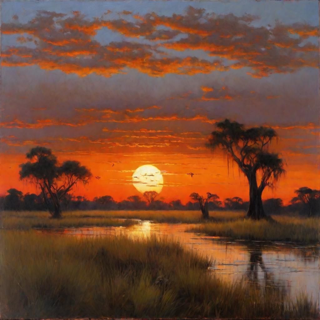 Okavango Delta Sunset: Oil Painting with Animals