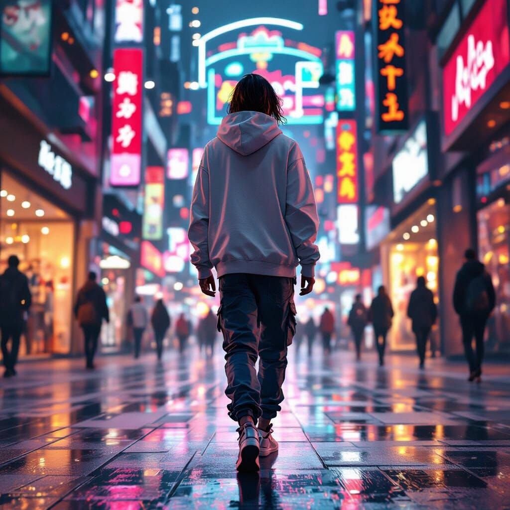 Man Walks to Neon-Lit Shopping Mall in Digital Painting Styl...