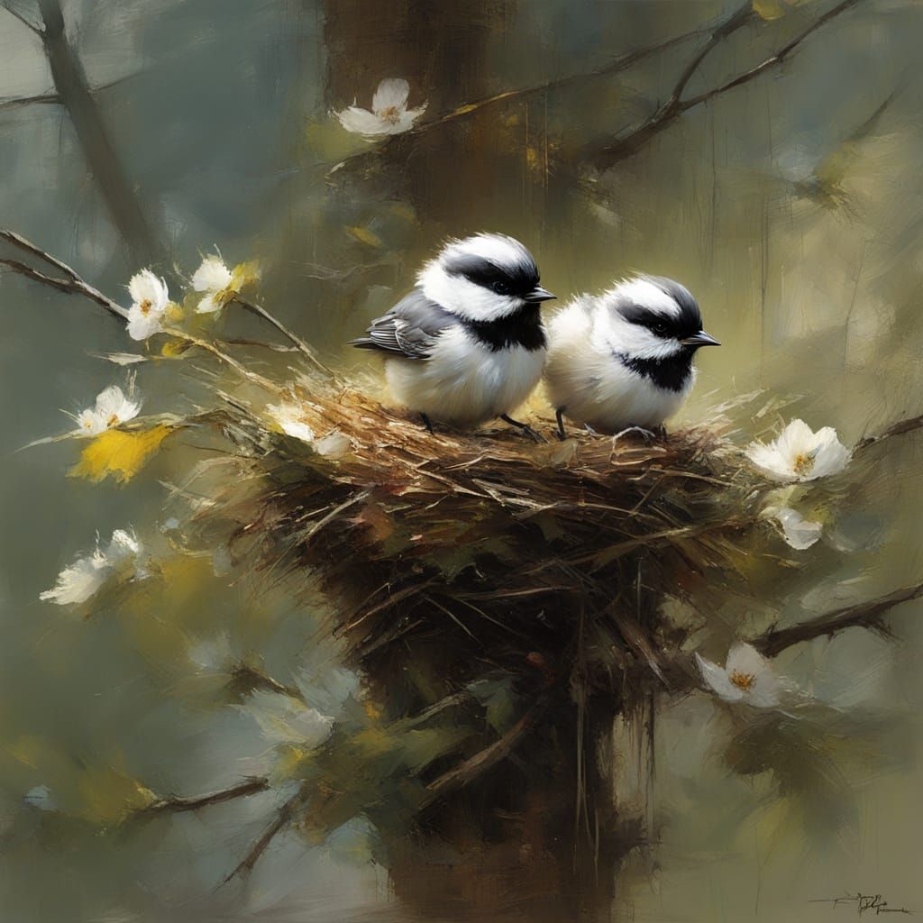 Baby Chickadees Building Nest in Apple Blossom Tree