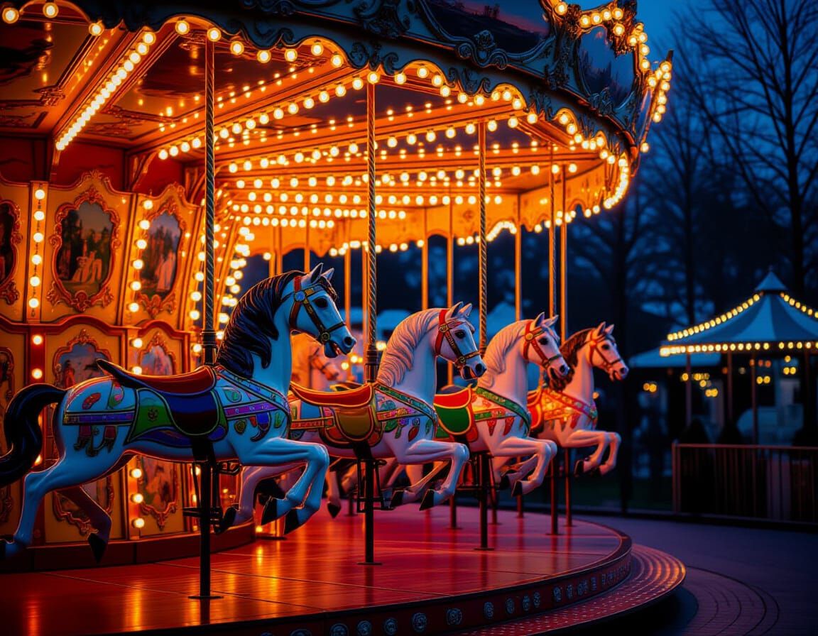 Magical Carousel at Night Glowing with Warm Lights
