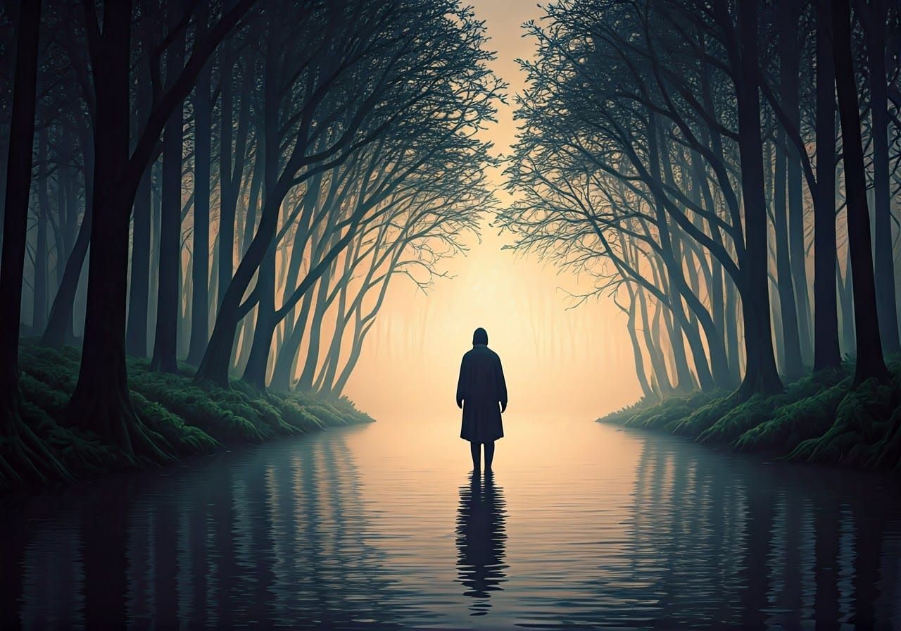 Lone Figure in Dawn's Gentle Glow