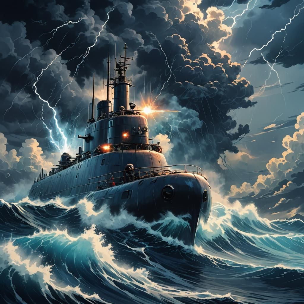 Submarine in Stormy Ocean: Vibrant Manga Anime