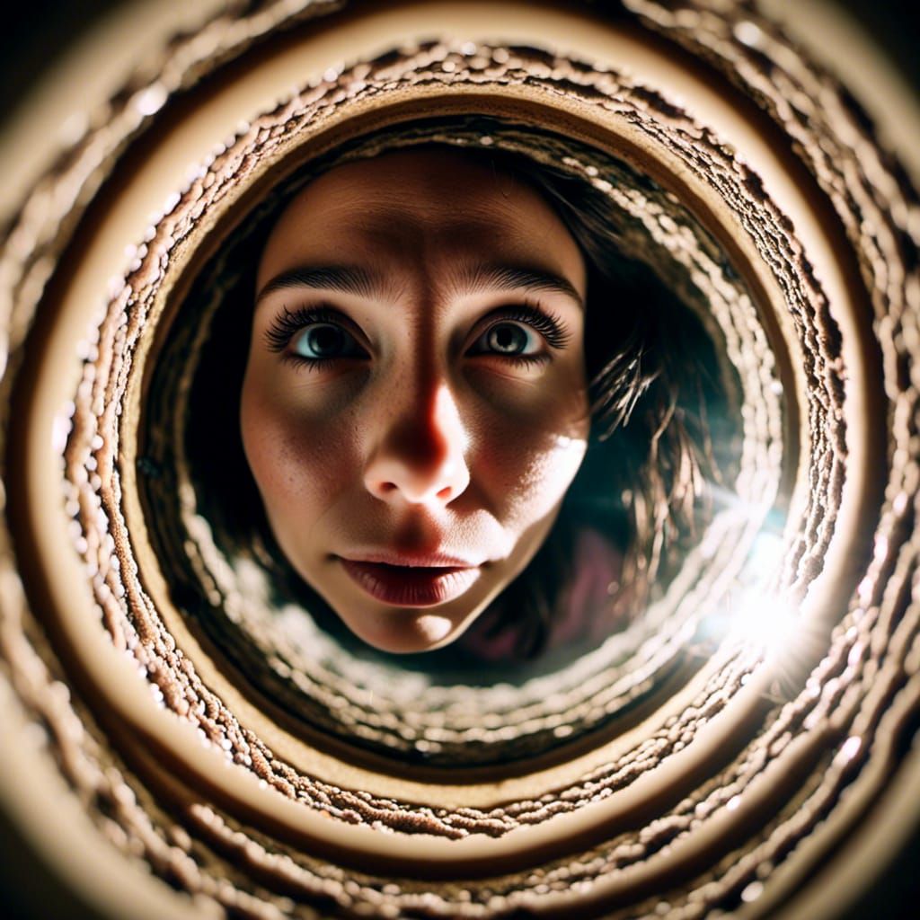 Woman Peering Through Fisheye Lens in Hyperrealism