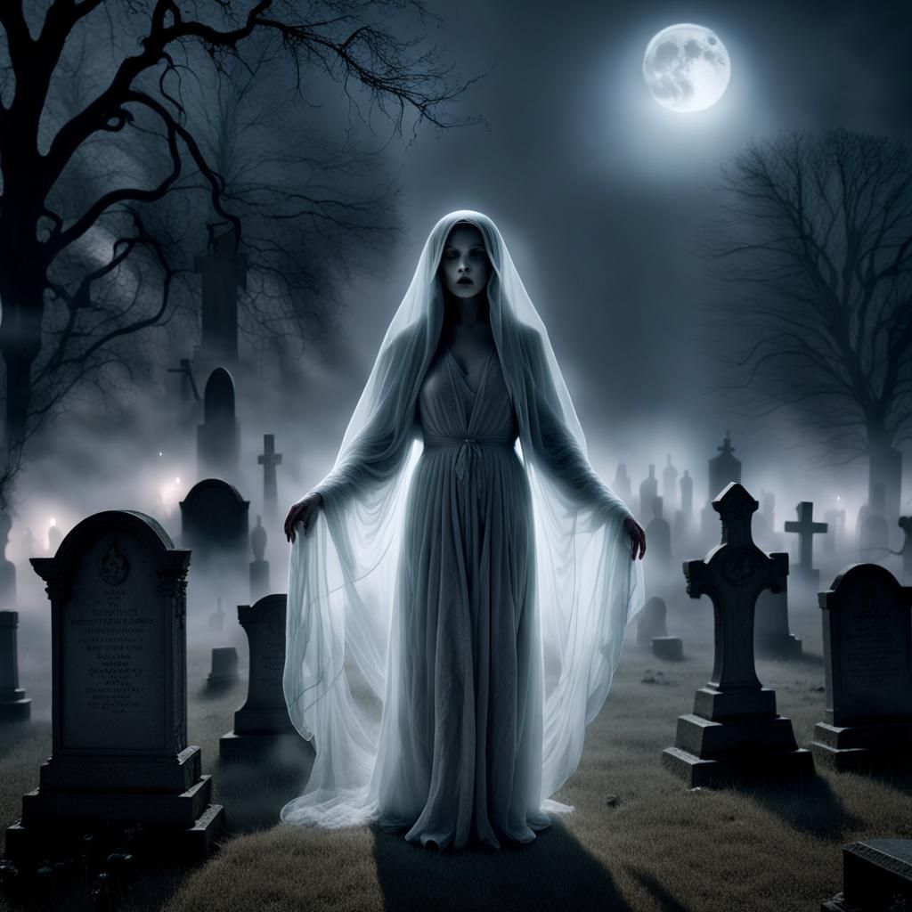 An ethereal, translucent ghostly figure with flowing robes stands amidst the dense fog of a hauntingly misty graveyard.