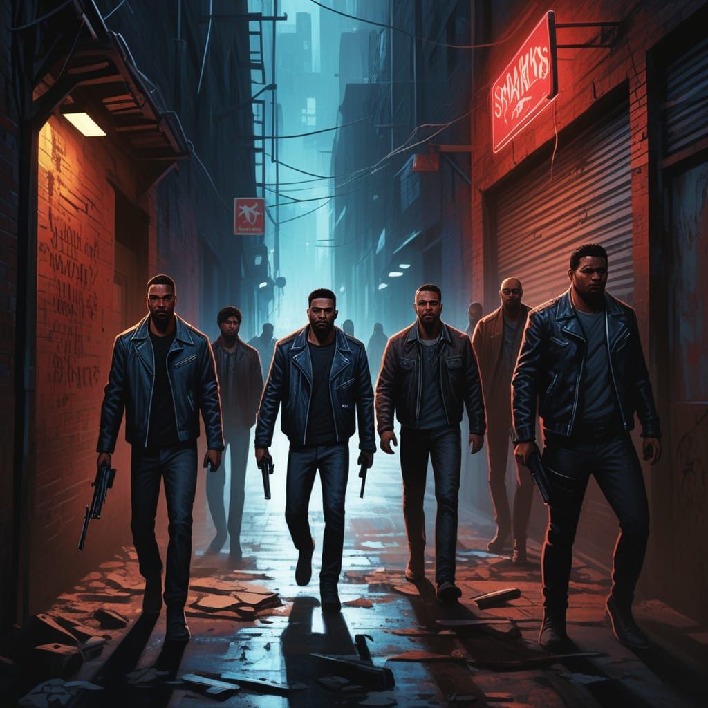 Gritty Vigilantes in Neon-Lit Alleyway