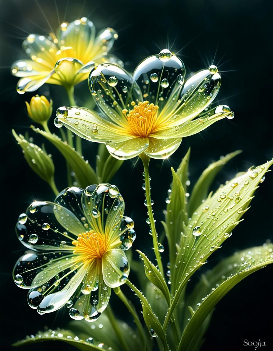 Glass Flower Dewdrops in Realistic Digital Painting