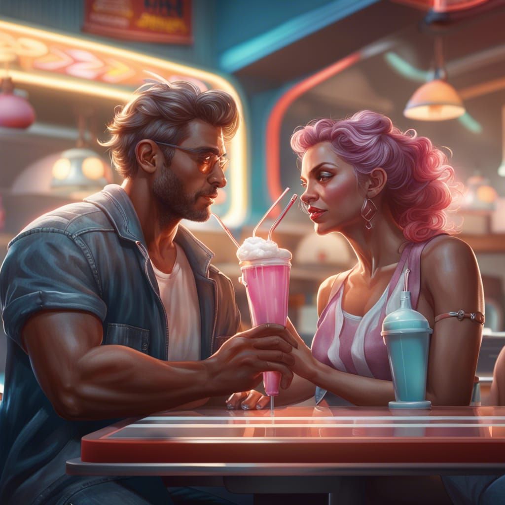 Couple Sharing Milkshake: Hyperdetailed Artstation Portrait
