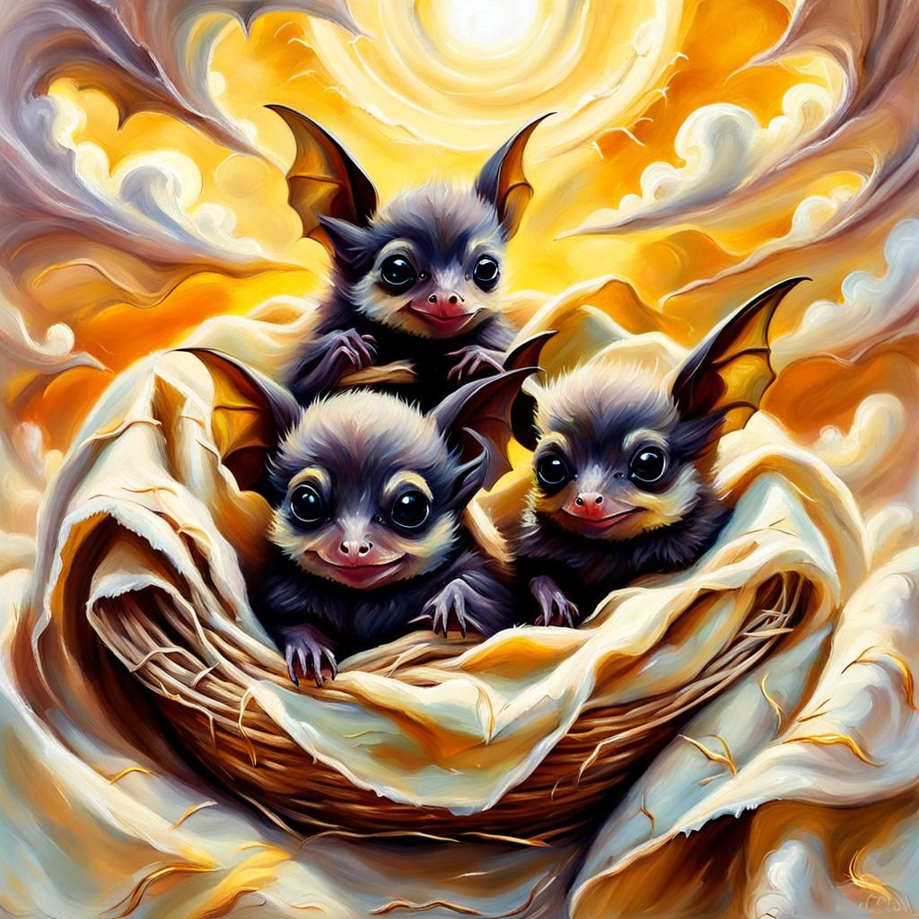 Baby Bats Snuggled in Tortillas: Whimsical Oil Painting