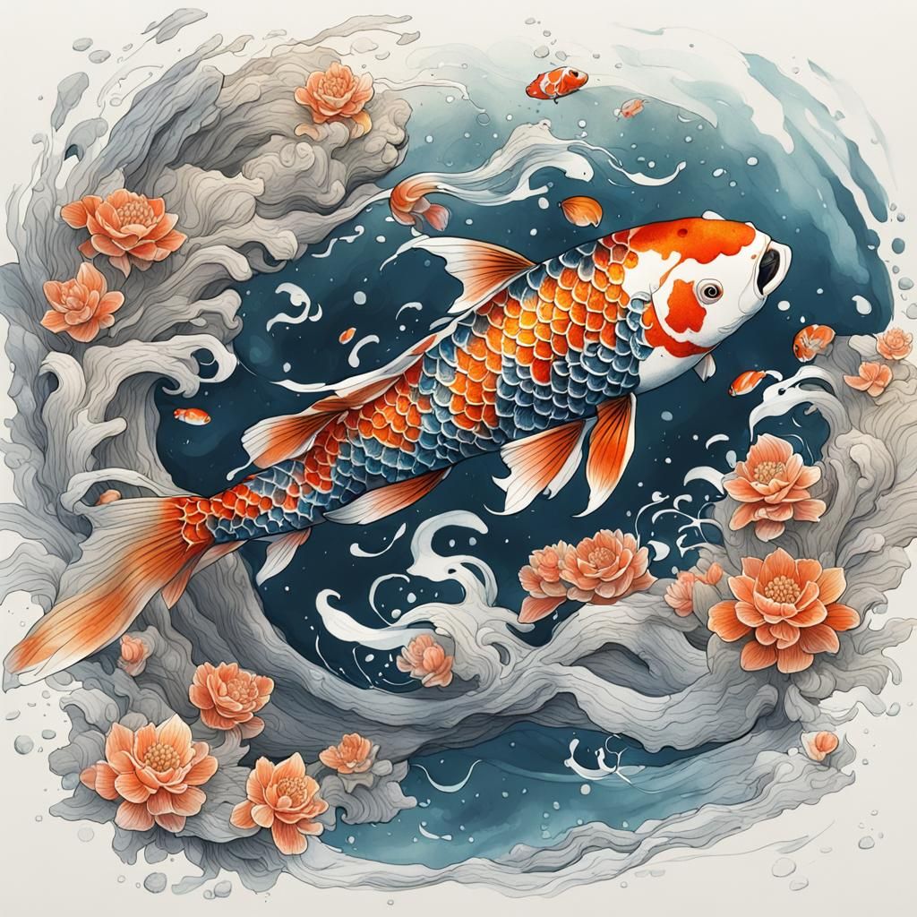 Detailed Pen and Ink Koi Fish Sketch