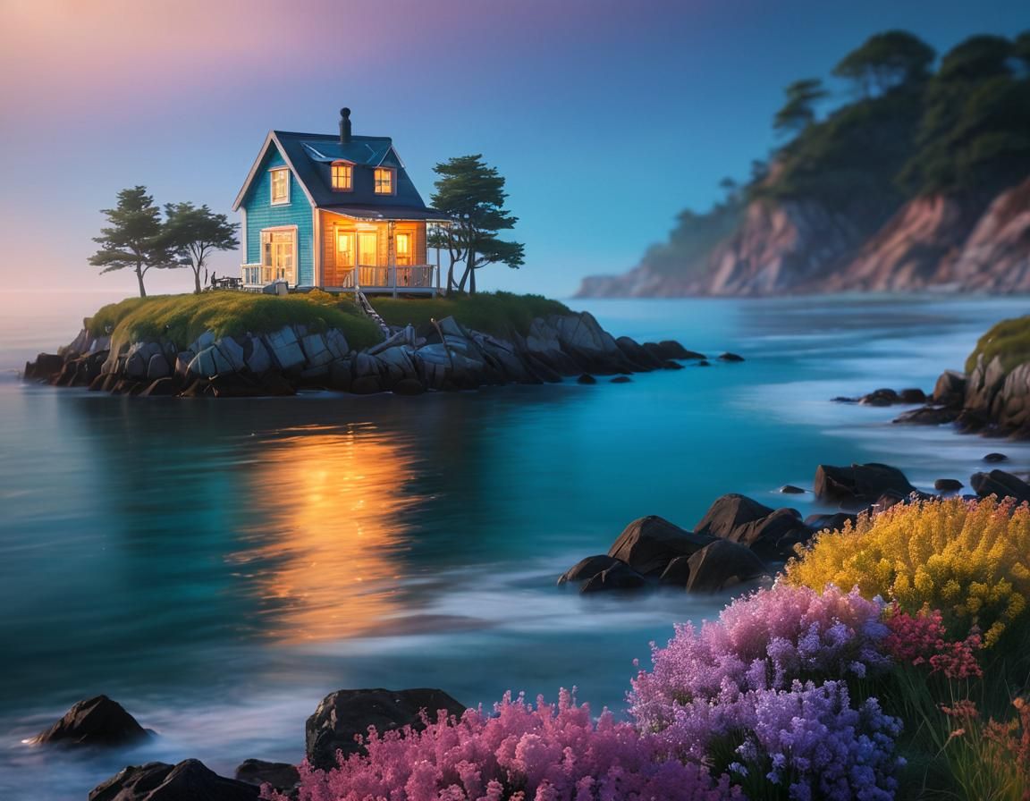 Seaside Villa in Impressionist Watercolor Style