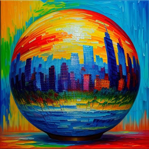 Cityscape Inside Globe: Expressionist Oil Painting