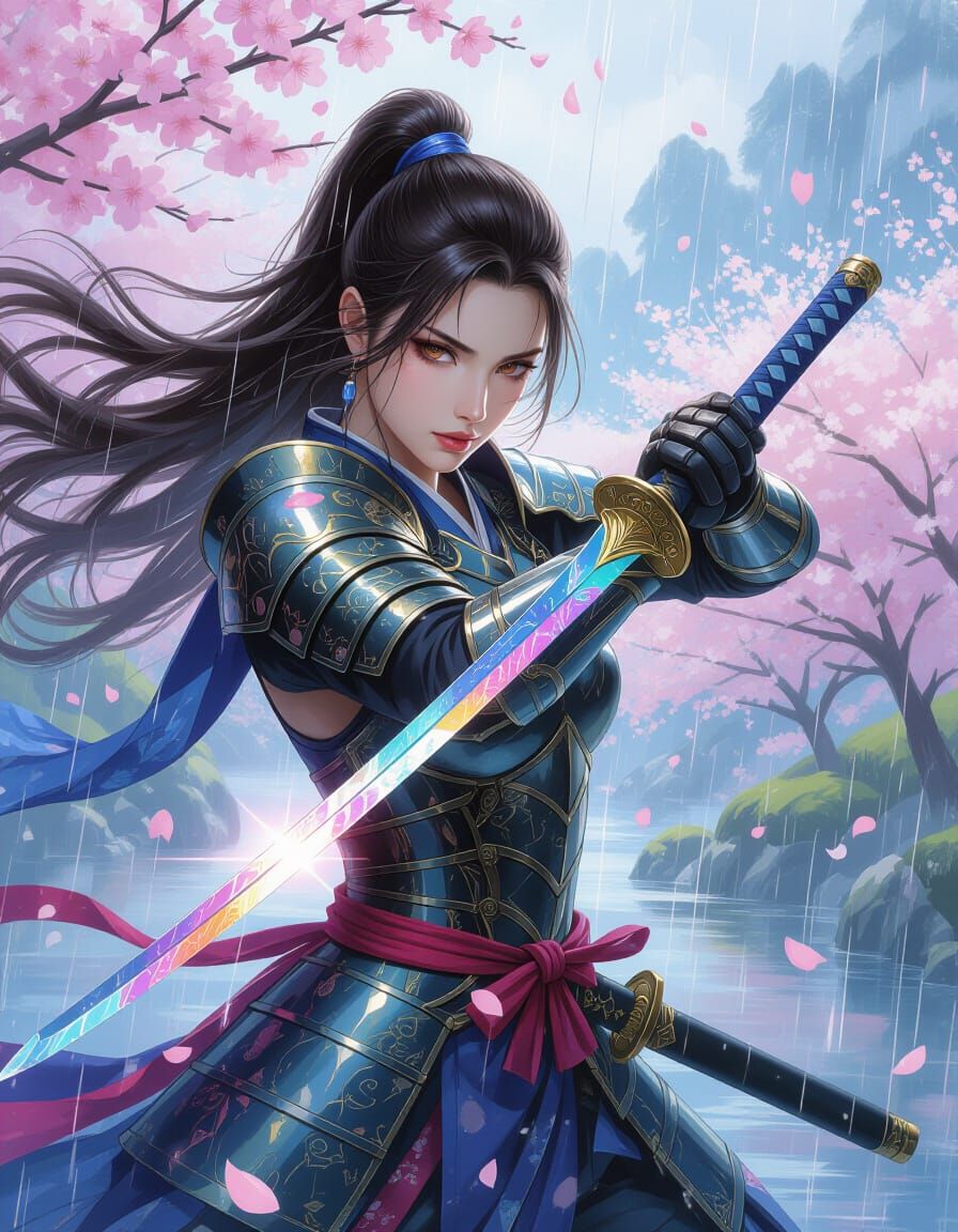 Rainbow Heroine Training With Katana in Watercolor & Ink Sty...