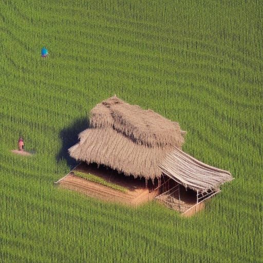 Rice Field Hut: Cosmic Mixed Media Illustration