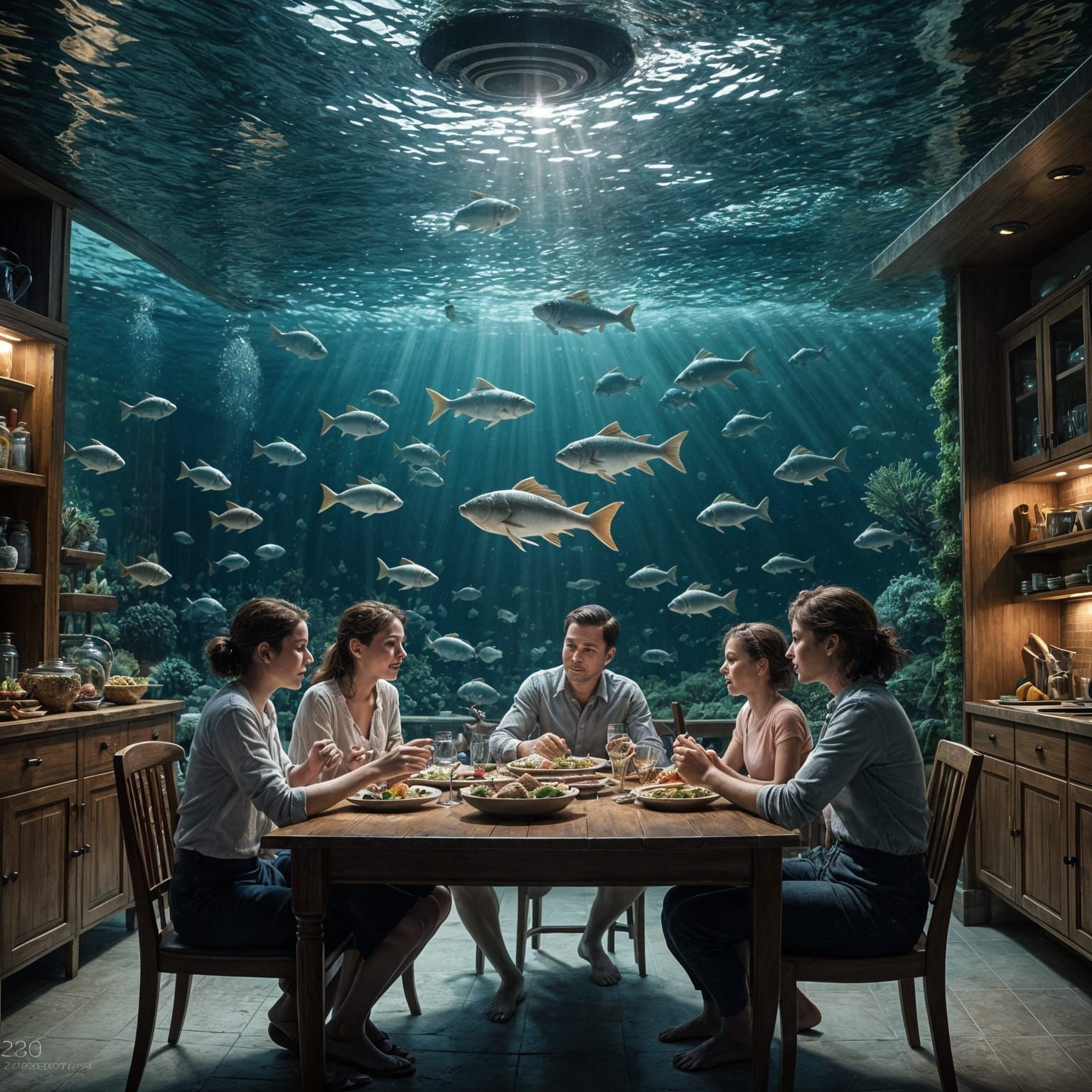 Underwater Family Dinner in a Realistic Style