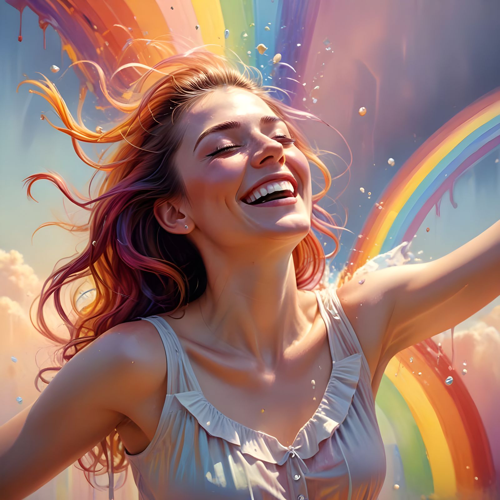 Woman Falling Through Rainbow in Dreamscape