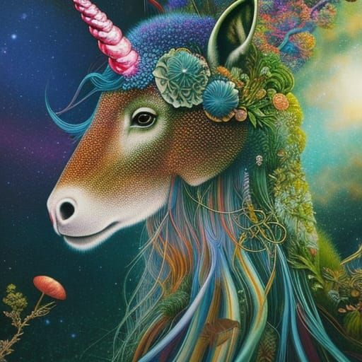 Unicorn Portrait in Mycelium Network with Forest Exposure