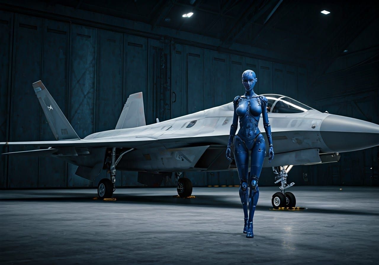 Hyperrealistic Gynoid and Fighter Jet in Hangar