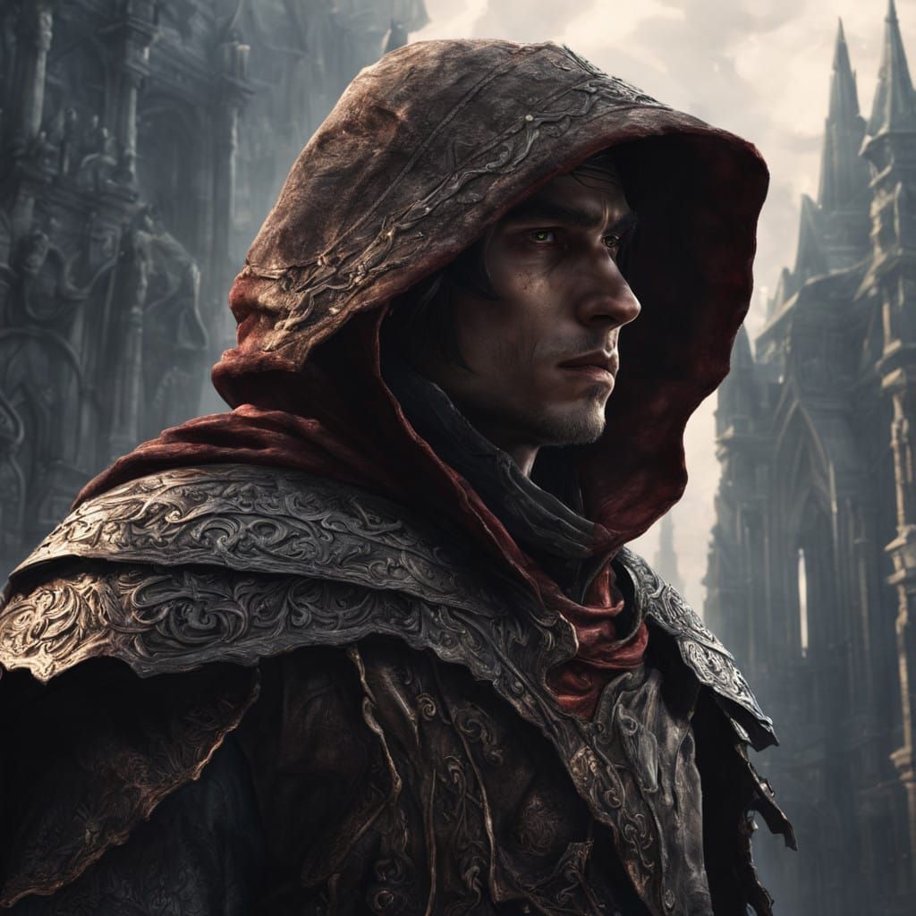 Epic Hooded Elf in Mysterious Urban Landscape