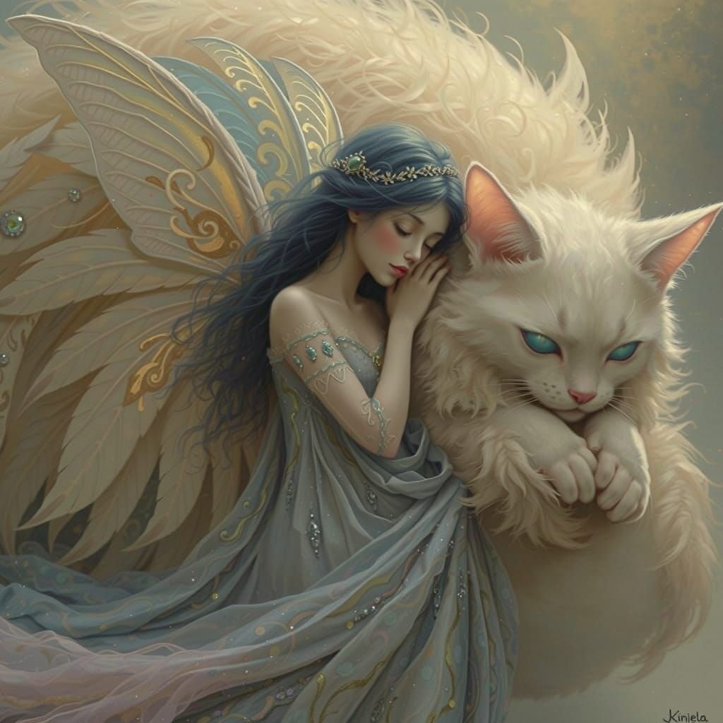 Whimsical Fairy Encircles Slumbering Ivory Cat