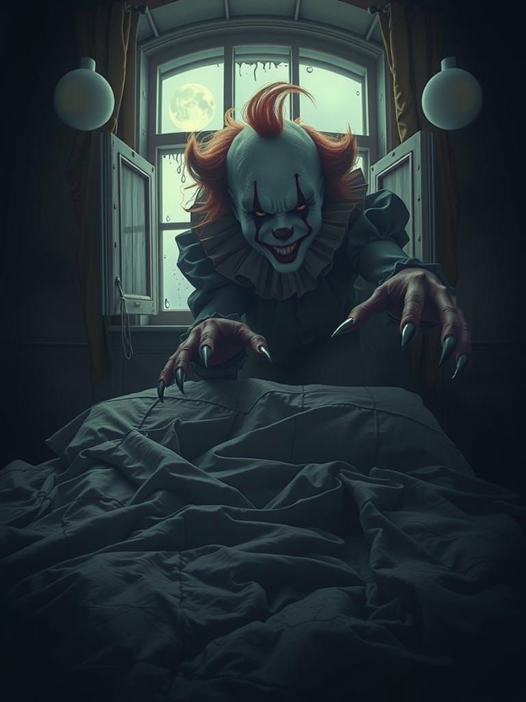 Horror Clown Stares Down from Ominous Bedroom in Moonlight