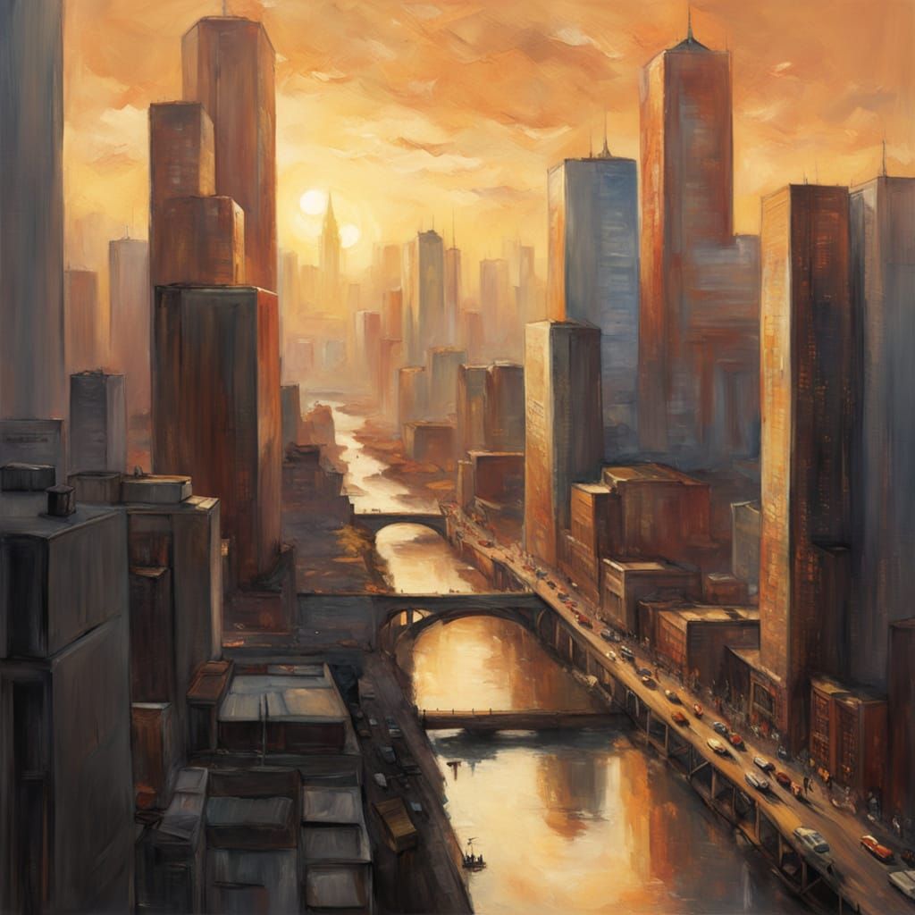 Golden Sunset Over Cityscape in Oil Painting Style
