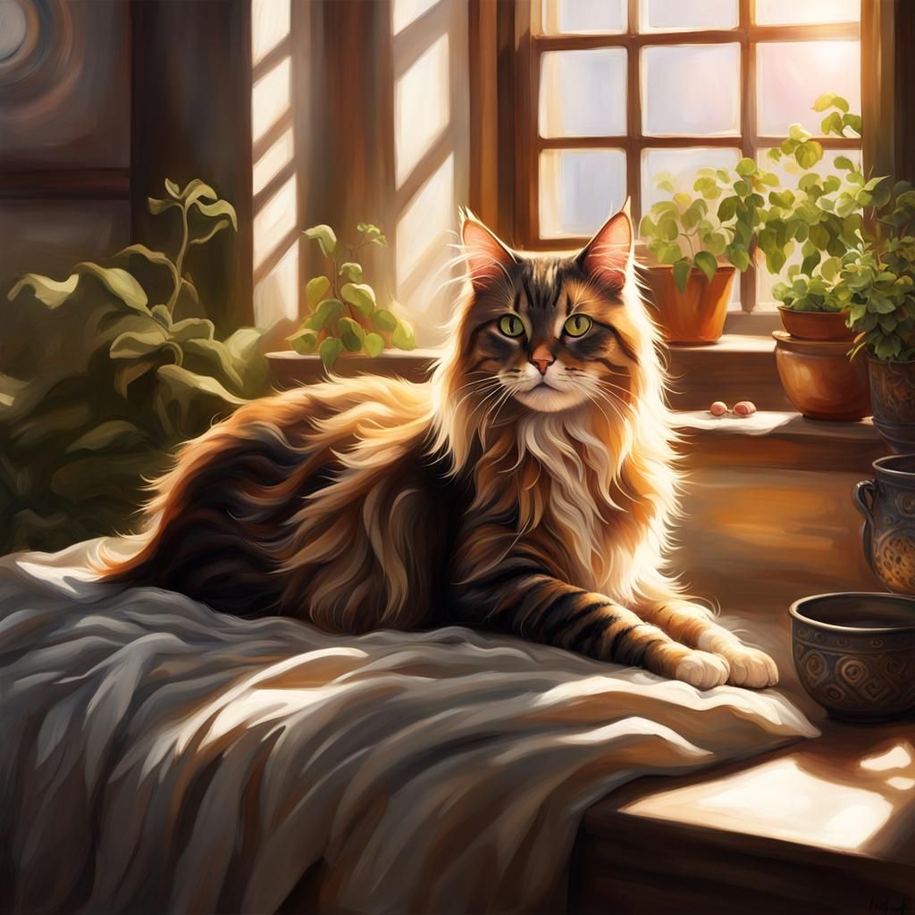 A cherazy cat laying on a bed in the morning sunlight that dashes through the bedroom window