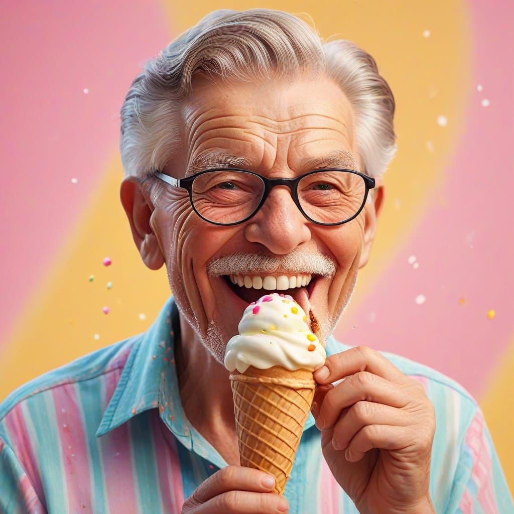Senior Citizen Enjoying Ice Cream in Colorful Digital Art
