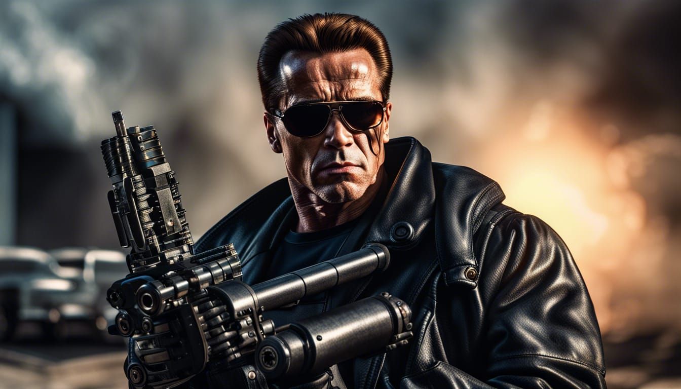 Arnold Schwarzenegger as Terminator Holding Minigun