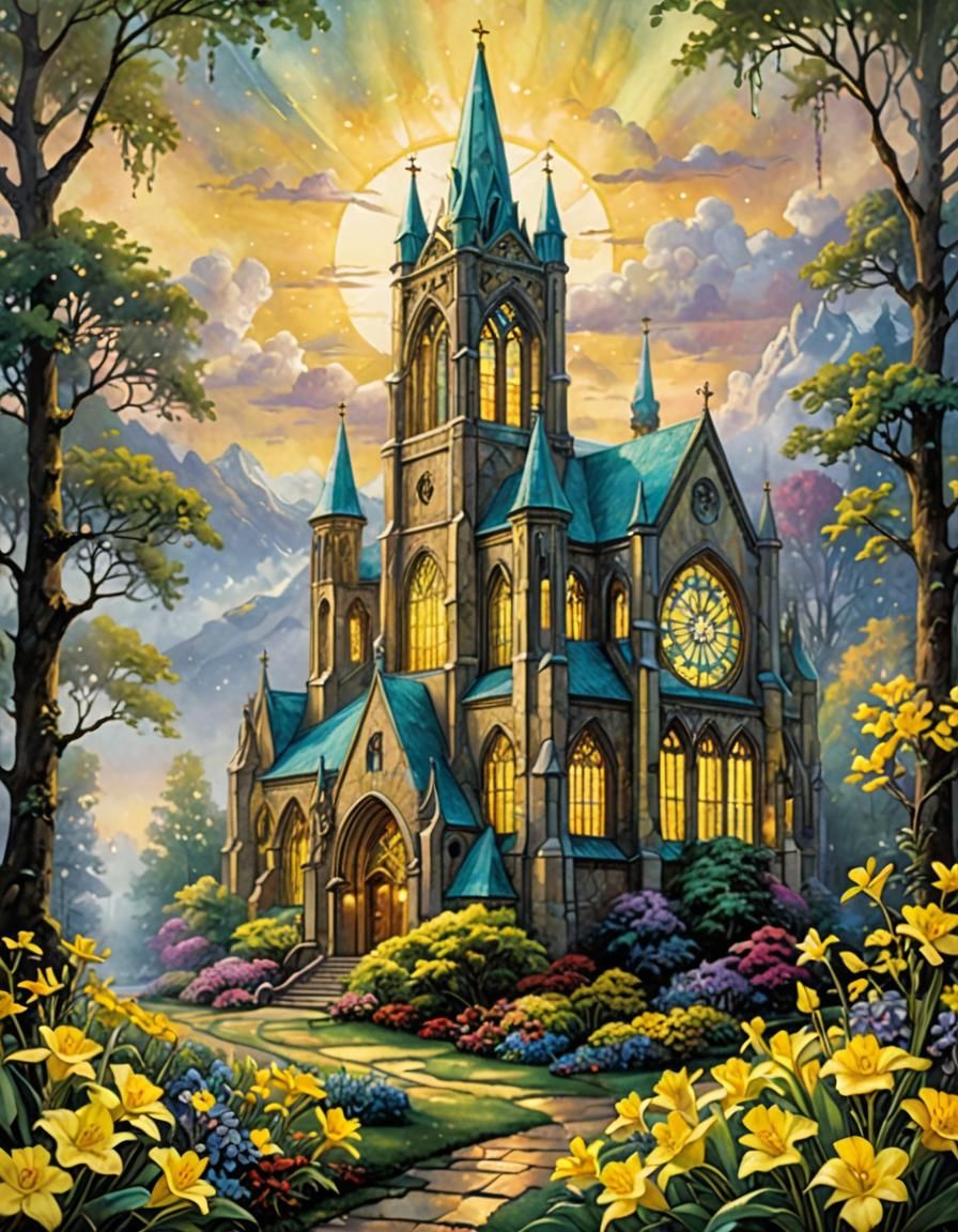 Ethereal Stained Glass Cathedral with Primrose Flowers
