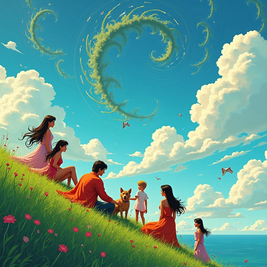 People and Dog Enjoying Day in 2D Anime Style