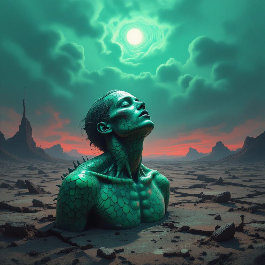 Surreal Human with Scales Gasps in Barren Wasteland