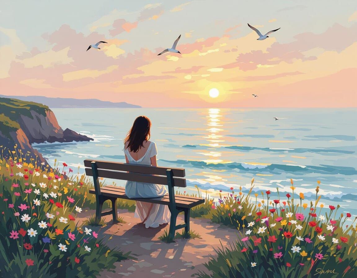 Coastal Sunset Impressionism: Woman on Cliffside Bench