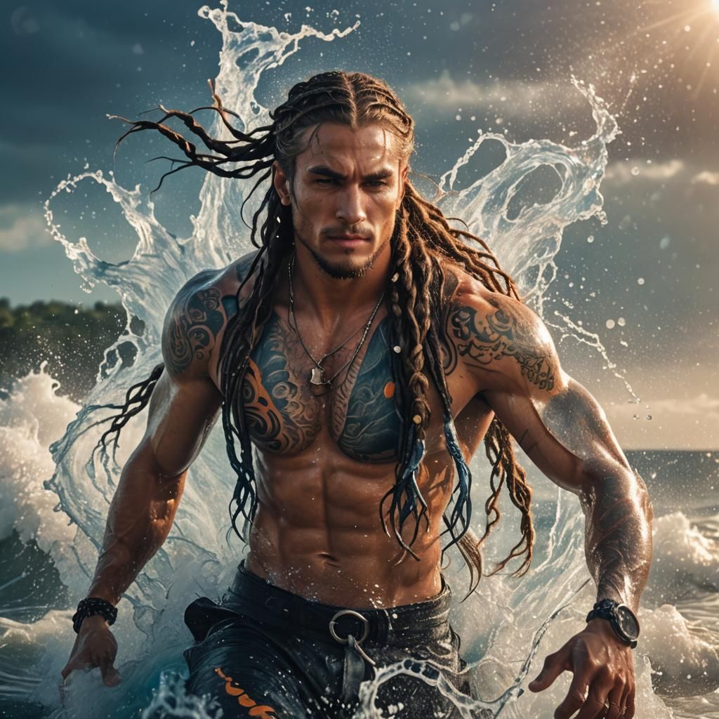 Fantasy Portrait: Braided Man Splashing in Ocean