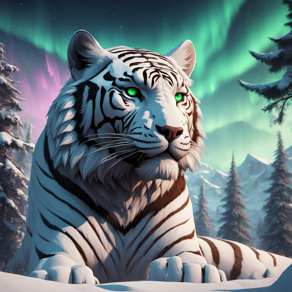 White Tiger on Snowy Peak in Matte Painting Style