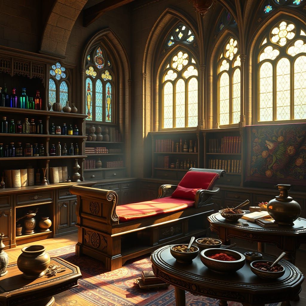 Medieval Apothecary's Examination Room in Warm, Golden Light