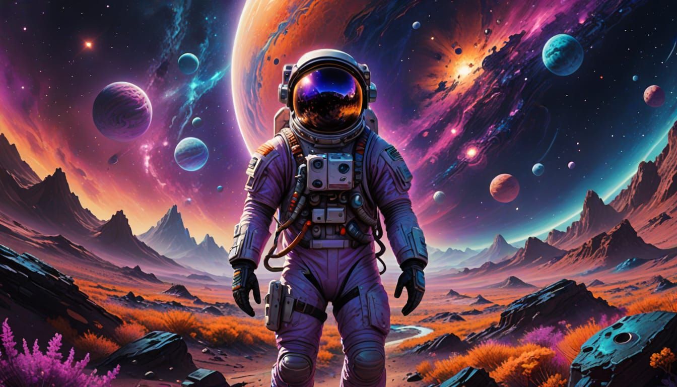 Astronaut Exploring Vibrant Alien Planet Under Cosmic Sky