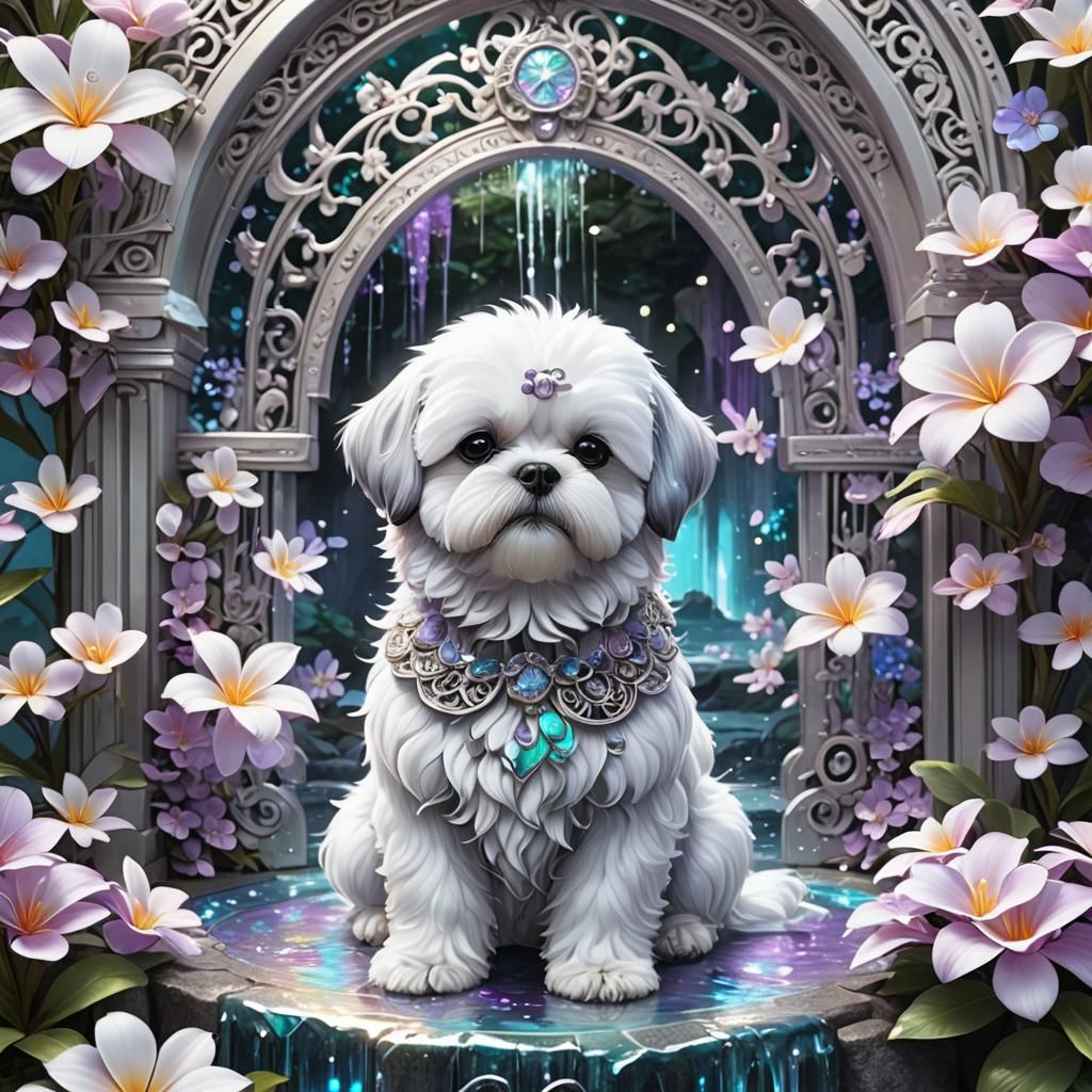 Iridescent Portal with White Dog in Anime Style