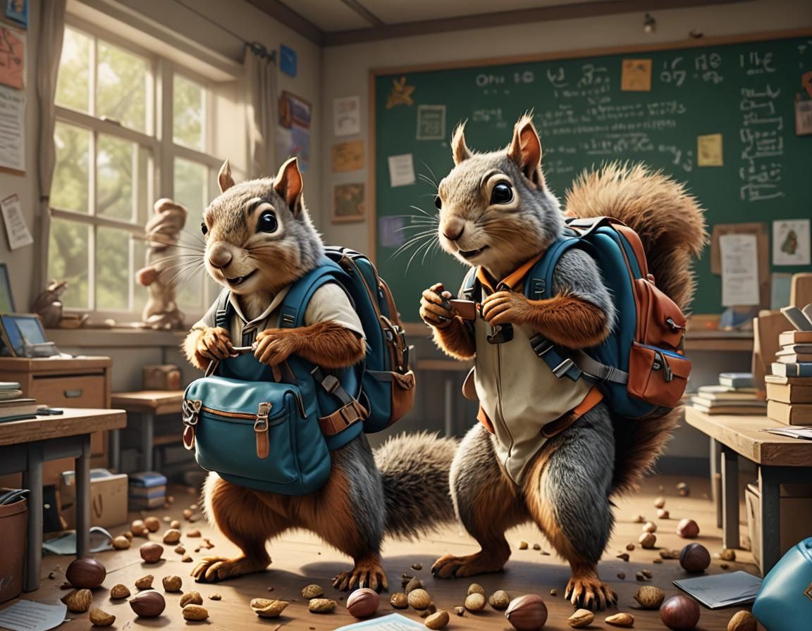 Squirrel Student in Classroom: Detailed Matte Painting