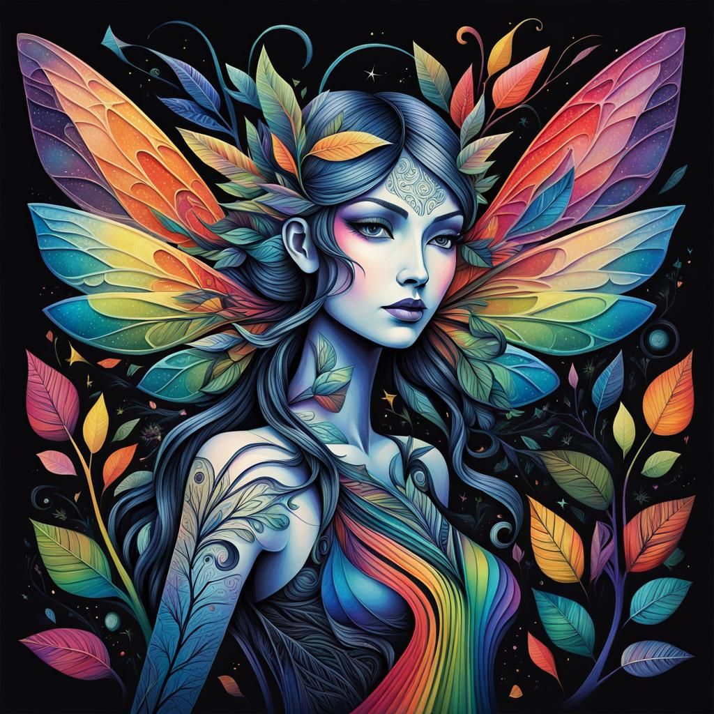 Polychromatic Fairy Writes in Cubist Dreamscape