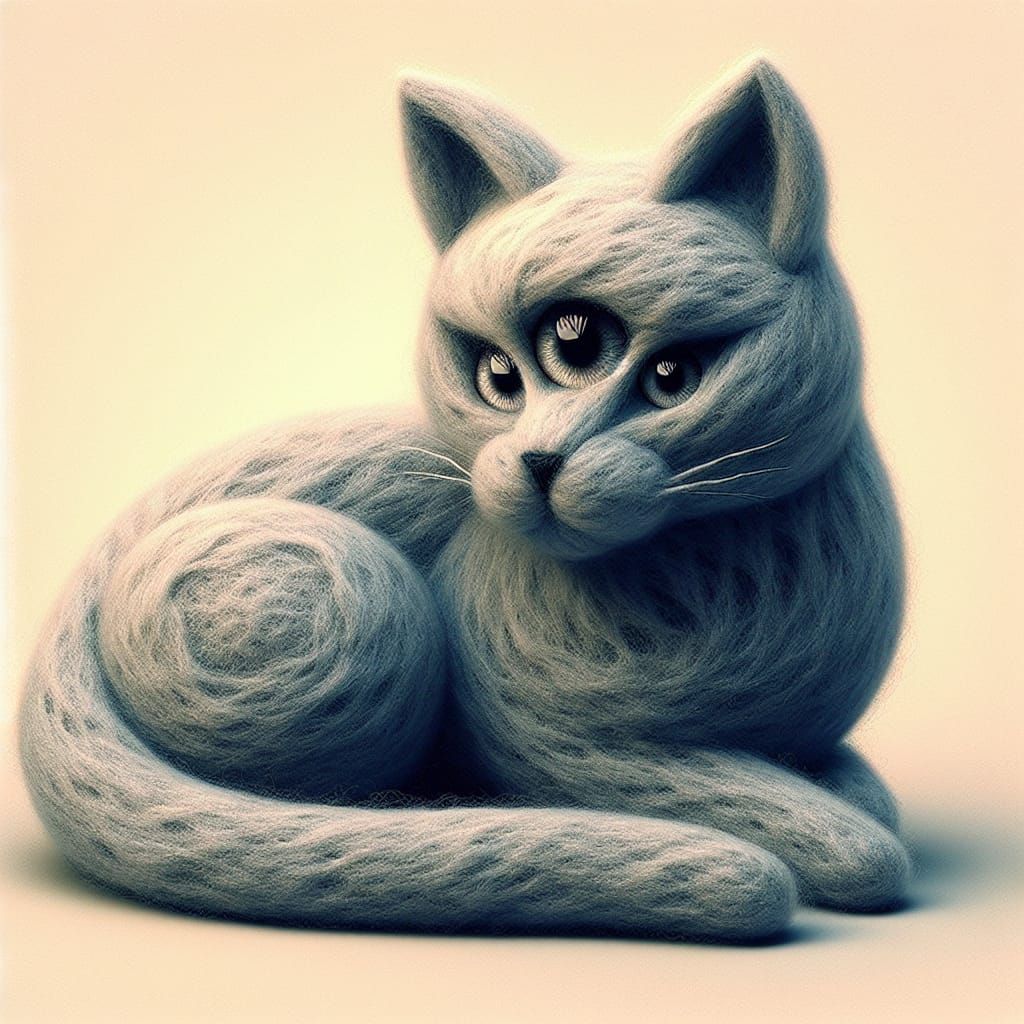 Surreal Felted Cat Optical Illusion Sculpture