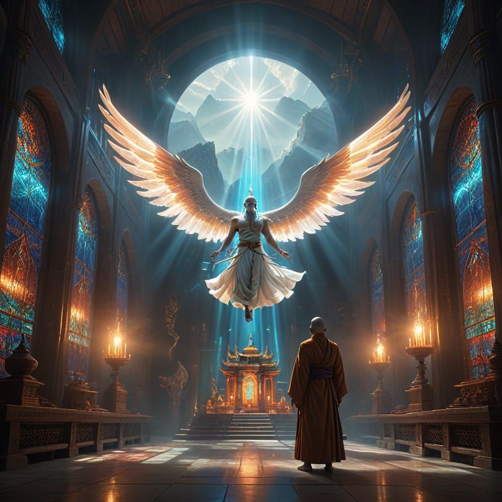 Angelic Spirit Over Monk in Tibetan Temple Digital Painting