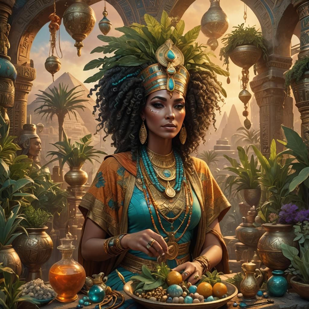 Egyptian Priestess with Herbs, Art Nouveau Style