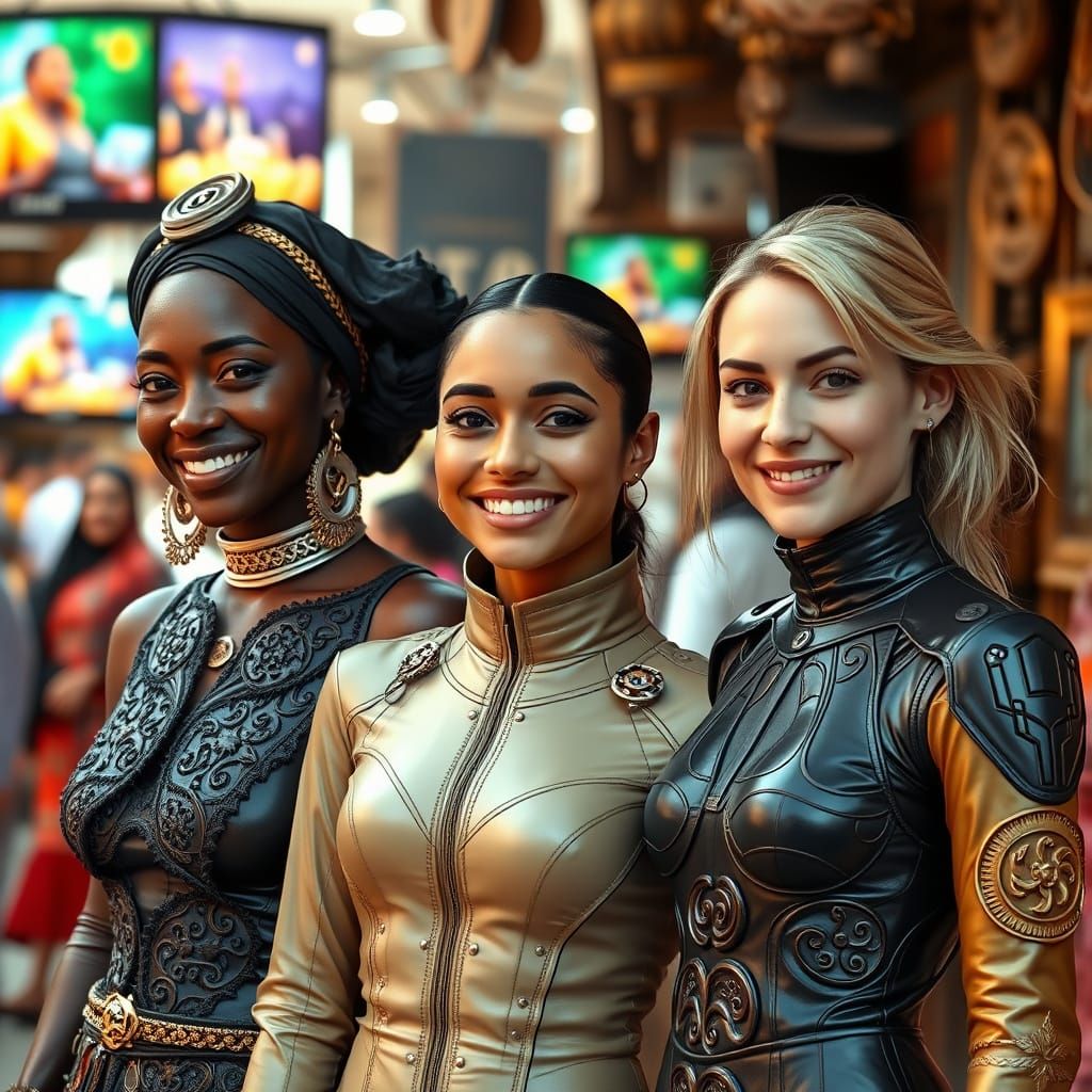 Diverse Women in Tunisian Bazaar, Photorealistic Style