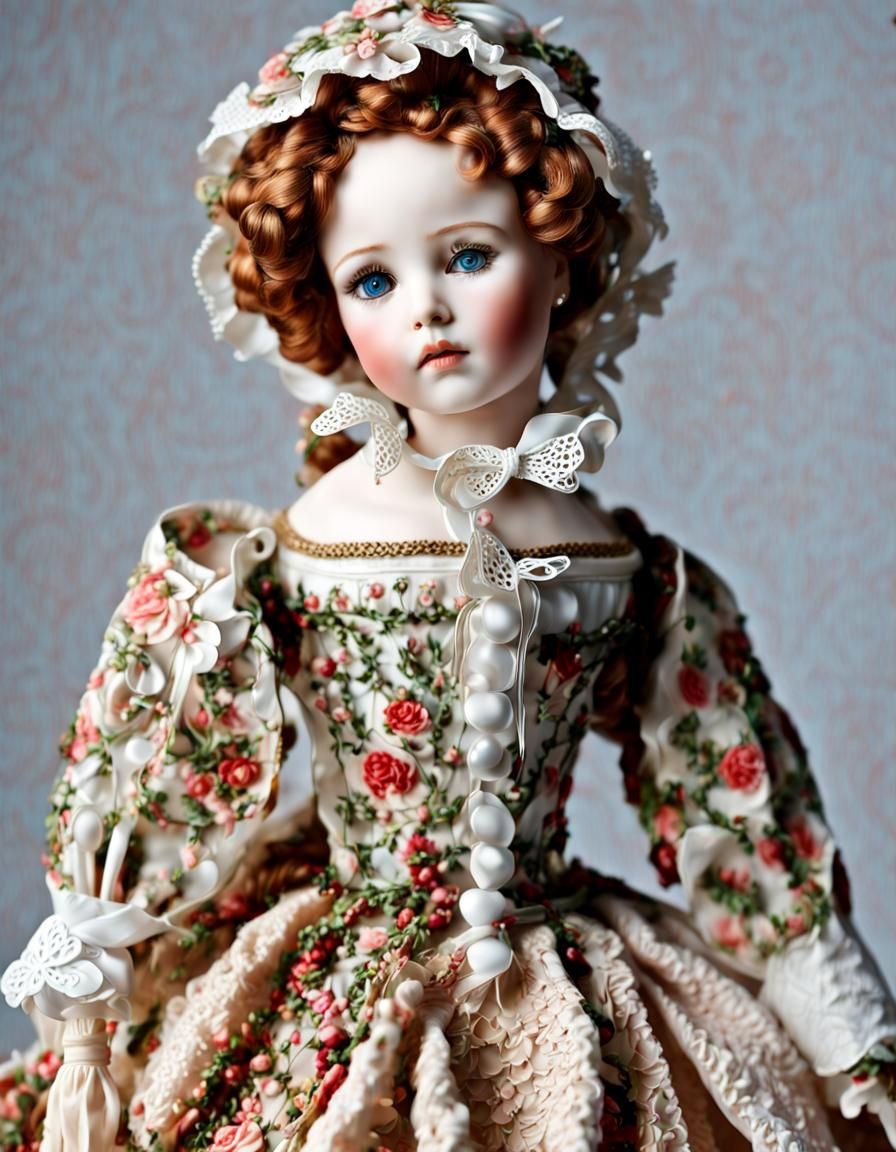 A porcelain doll with an intricate dress and porcelain face, high-quality, photorealistic, delicate collectible, still l...